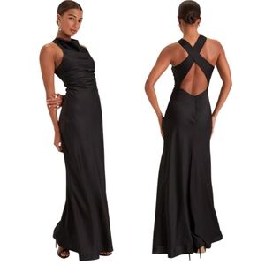 Lulus Effortlessly Sensational Black Satin Backless Maxi Dress sz Medium